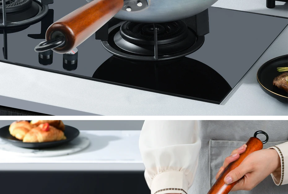 Wok in ferro per condimenti, Wok da 30/32/34 cm con manico in legno Pentole da cucina per padelle elettriche, elettriche a induzione e a gas