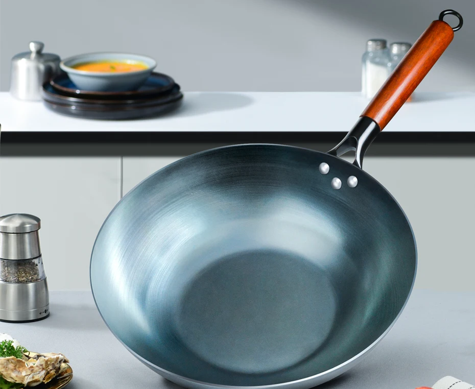 Wok in ferro per condimenti, Wok da 30/32/34 cm con manico in legno Pentole da cucina per padelle elettriche, elettriche a induzione e a gas