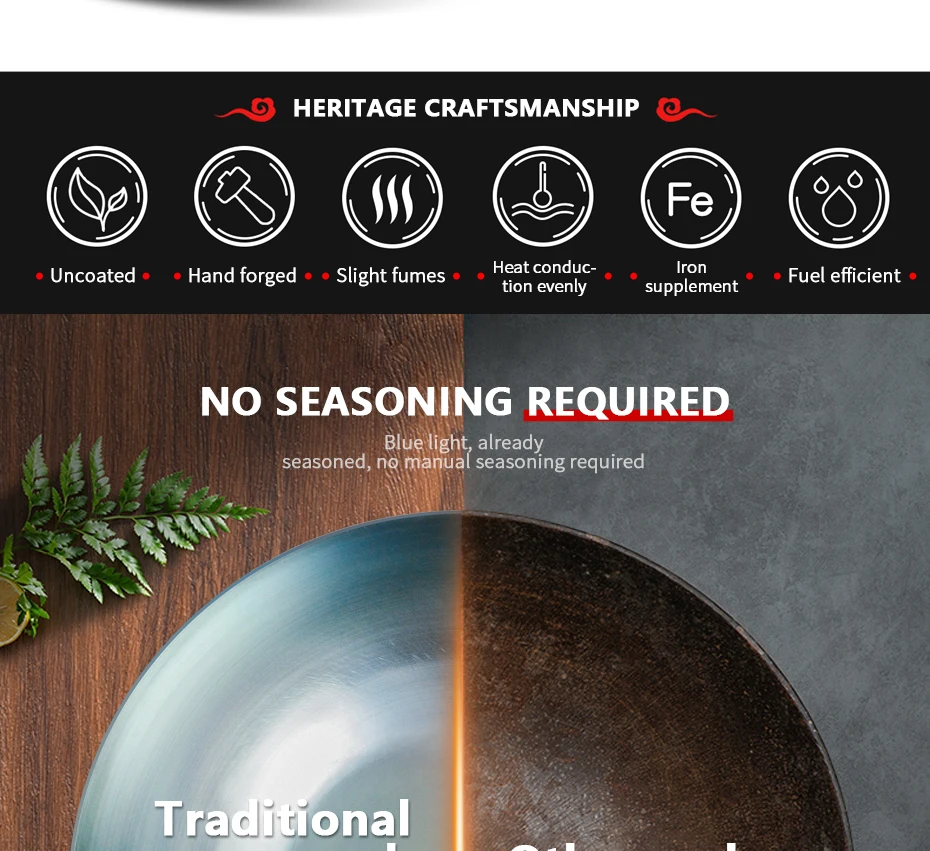 Wok in ferro per condimenti, Wok da 30/32/34 cm con manico in legno Pentole da cucina per padelle elettriche, elettriche a induzione e a gas