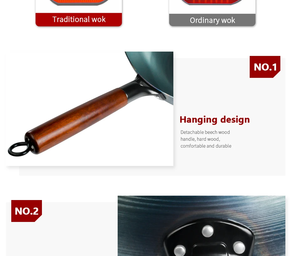 Wok in ferro per condimenti, Wok da 30/32/34 cm con manico in legno Pentole da cucina per padelle elettriche, elettriche a induzione e a gas