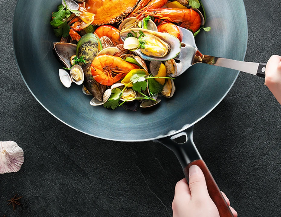 Wok in ferro per condimenti, Wok da 30/32/34 cm con manico in legno Pentole da cucina per padelle elettriche, elettriche a induzione e a gas