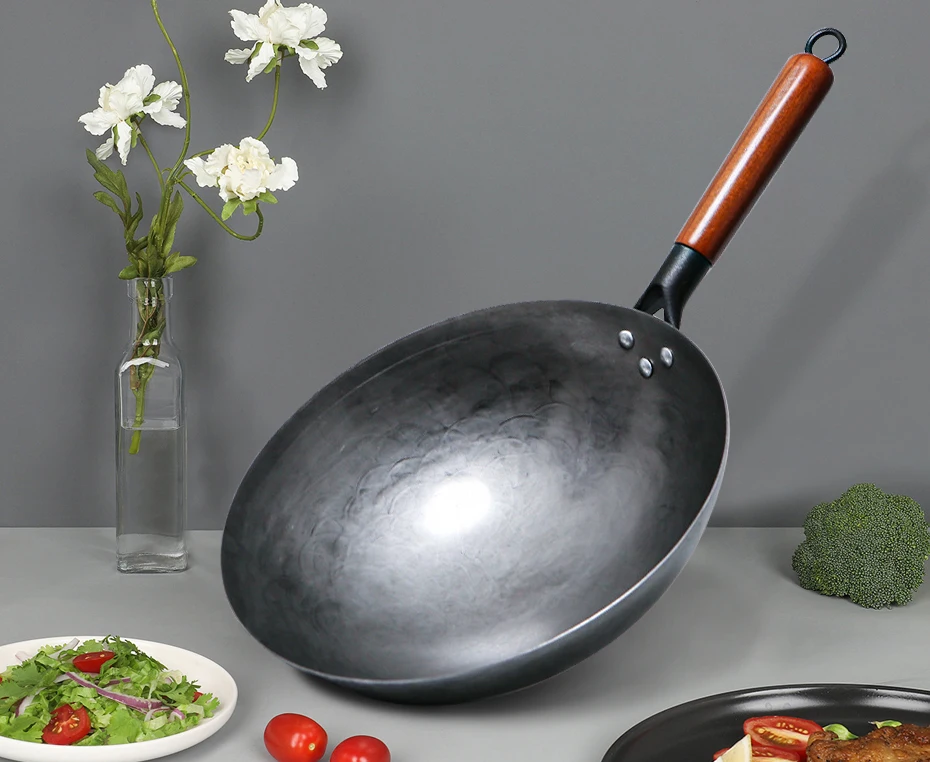 Wok tradizionale in ferro, Wok senza rivestimento forgiato a mano per padella da cucina Manico in legno Wok Pentole da cucina a gas