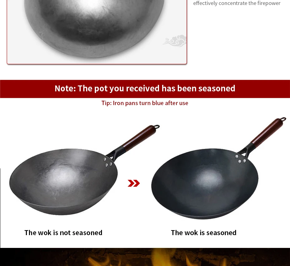 Wok tradizionale in ferro, Wok senza rivestimento forgiato a mano per padella da cucina Manico in legno Wok Pentole da cucina a gas