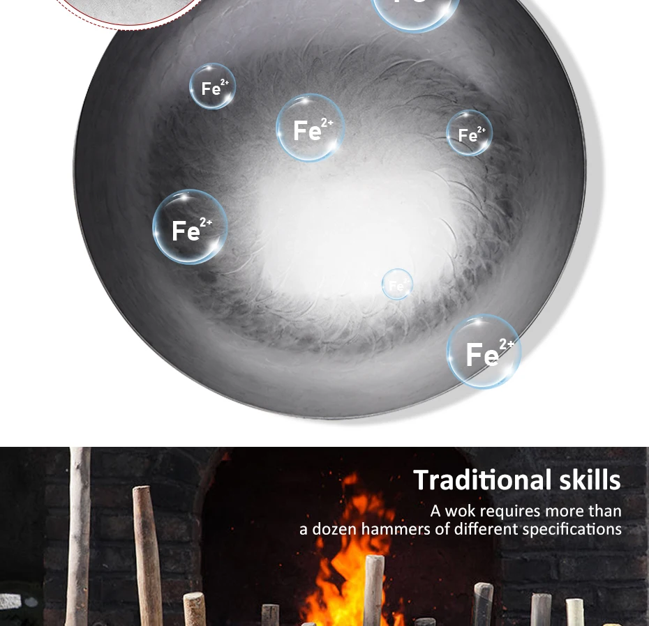 Wok tradizionale in ferro, Wok senza rivestimento forgiato a mano per padella da cucina Manico in legno Wok Pentole da cucina a gas