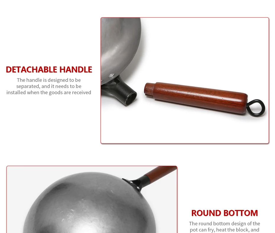 Wok tradizionale in ferro, Wok senza rivestimento forgiato a mano per padella da cucina Manico in legno Wok Pentole da cucina a gas