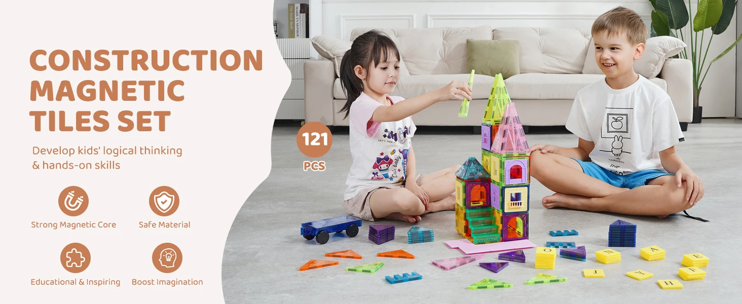 SucceBuy 121PCS Blocchi di Costruzione Magnetici Set Costruzione di Puzzle Foglio Magnetico Piastrelle Ragazzi Ragazze Bambini Montessori Giocattoli Regali