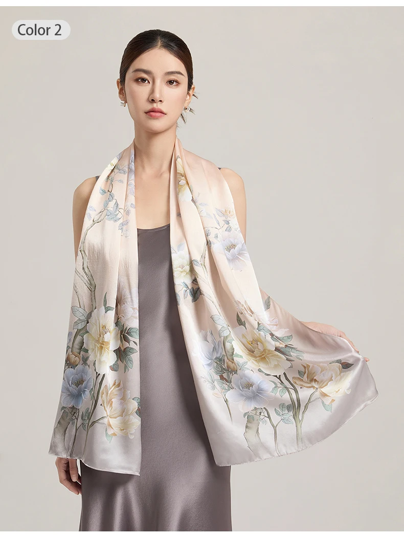 Sciarpa di seta da donna Sciarpe lunghe per la testa Scialli di seta di lusso al 100% Avvolge Sciarpa floreale 2025 Foulard con stampa Sciarpe di pura seta reale