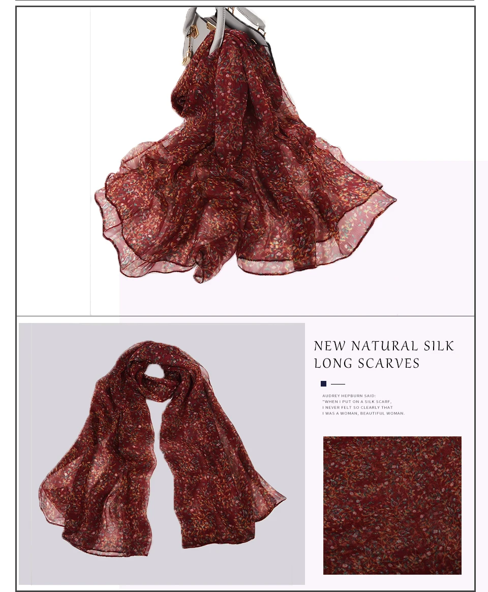 Sciarpa di seta lunga da donna in seta naturale al 100% Sciarpa di seta stampata moda femminile Sciarpa di seta taglie forti 180 * 105 cm per l'inverno, l'autunno