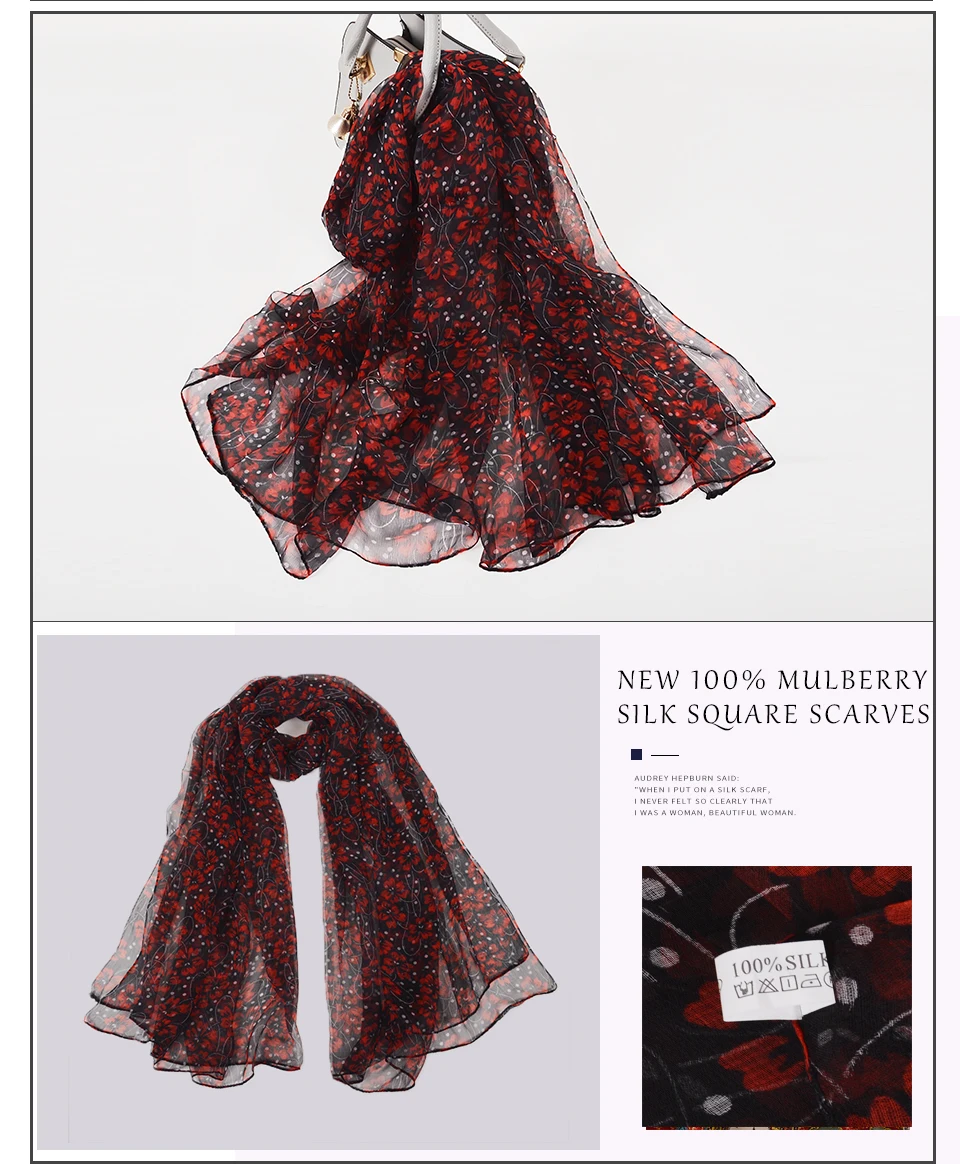 Sciarpa di seta lunga da donna in seta naturale al 100% Sciarpa di seta stampata moda femminile Sciarpa di seta taglie forti 180 * 105 cm per l'inverno, l'autunno