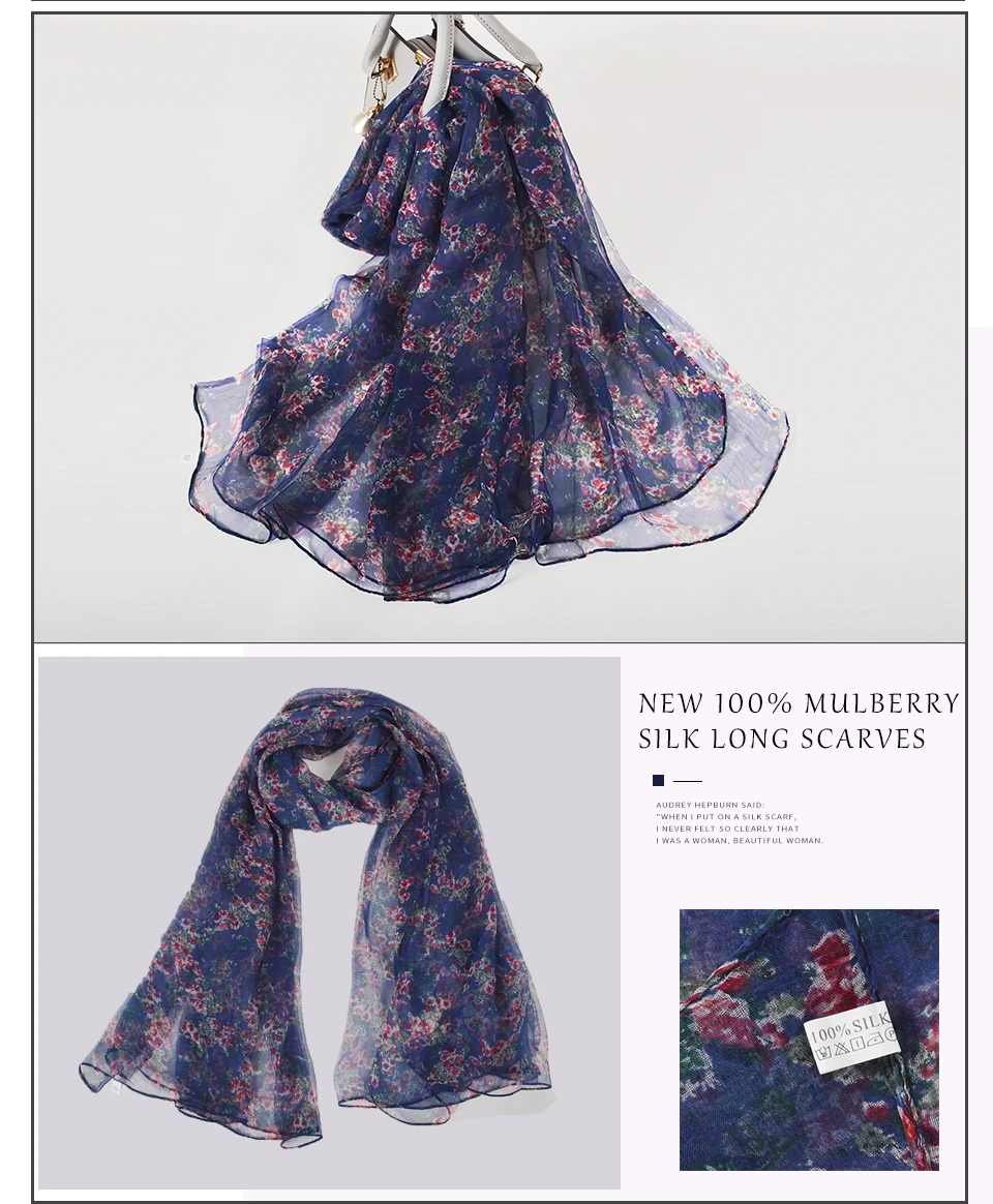 Sciarpa di seta lunga da donna in seta naturale al 100% Sciarpa di seta stampata moda femminile Sciarpa di seta taglie forti 180 * 105 cm per l'inverno, l'autunno