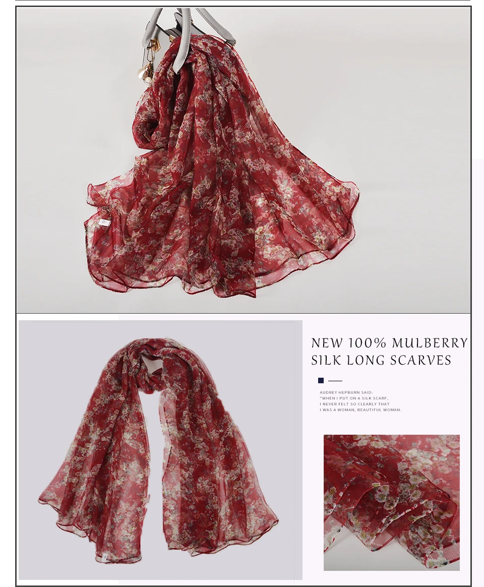 Sciarpa di seta lunga da donna in seta naturale al 100% Sciarpa di seta stampata moda femminile Sciarpa di seta taglie forti 180 * 105 cm per l'inverno, l'autunno