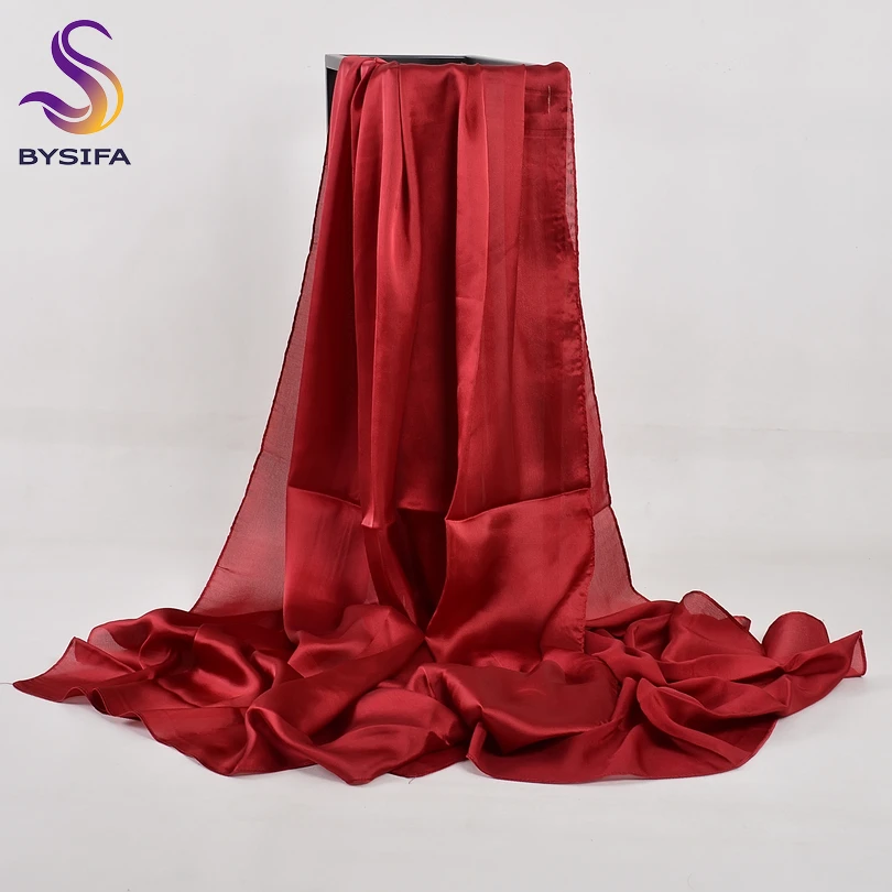 [BYSIFA] Sciarpa di seta cinese Inverno Donna Sciarpa lunga in raso Scialle di lusso Vino rosso Sciarpe Semplice musulmano Sciarpa semplice 180 * 90 cm