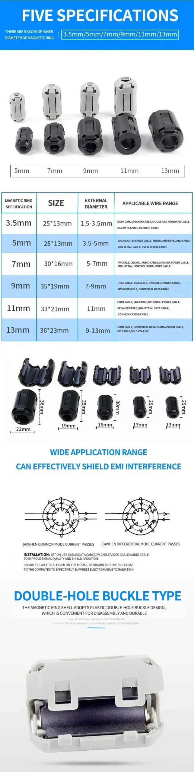 20 pz 3.5/5/7/9mm filtro in ferrite nucleo toroidale perline di ferrite clip estrangulamento EMI RFI filtro antirumore clip per cavo USB/video cavo di alimentazione 20 pz 3.5/5/7/9mm filtro in ferrite nucleo toroidale perline di ferrite clip estrangulamento EMI RFI filtro antirumore clip per cavo USB/video cavo di alimentazione