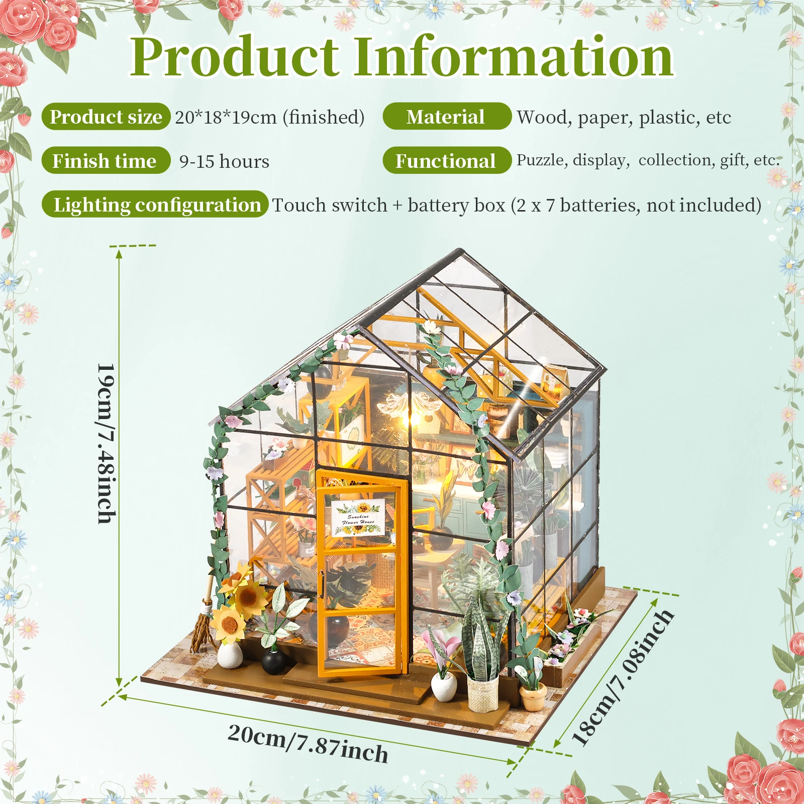 Kit casa da giardino in miniatura fai-da-te con mobili e luce a LED Set artigianale per casa delle bambole fai-da-te Regali Kit di costruzione di modelli in serra in legno