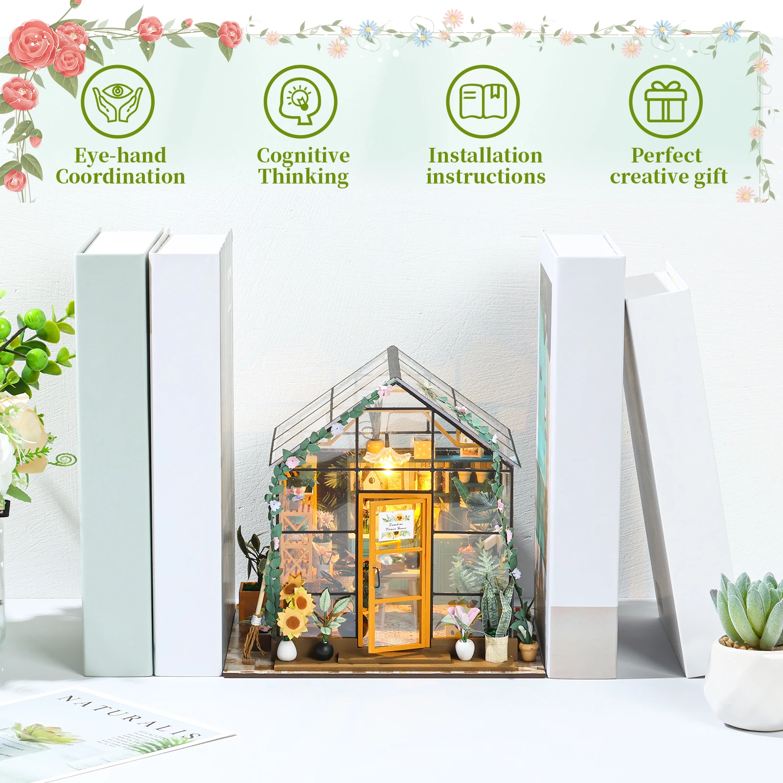 Kit casa da giardino in miniatura fai-da-te con mobili e luce a LED Set artigianale per casa delle bambole fai-da-te Regali Kit di costruzione di modelli in serra in legno