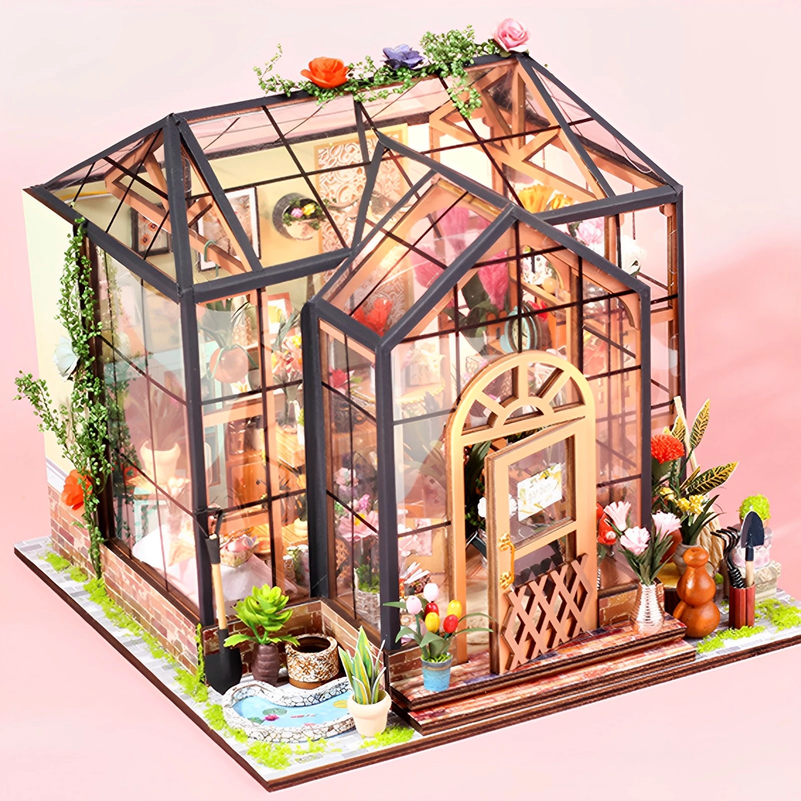 Kit casa da giardino in miniatura fai-da-te con mobili e luce a LED Set artigianale per casa delle bambole fai-da-te Regali Kit di costruzione di modelli in serra in legno