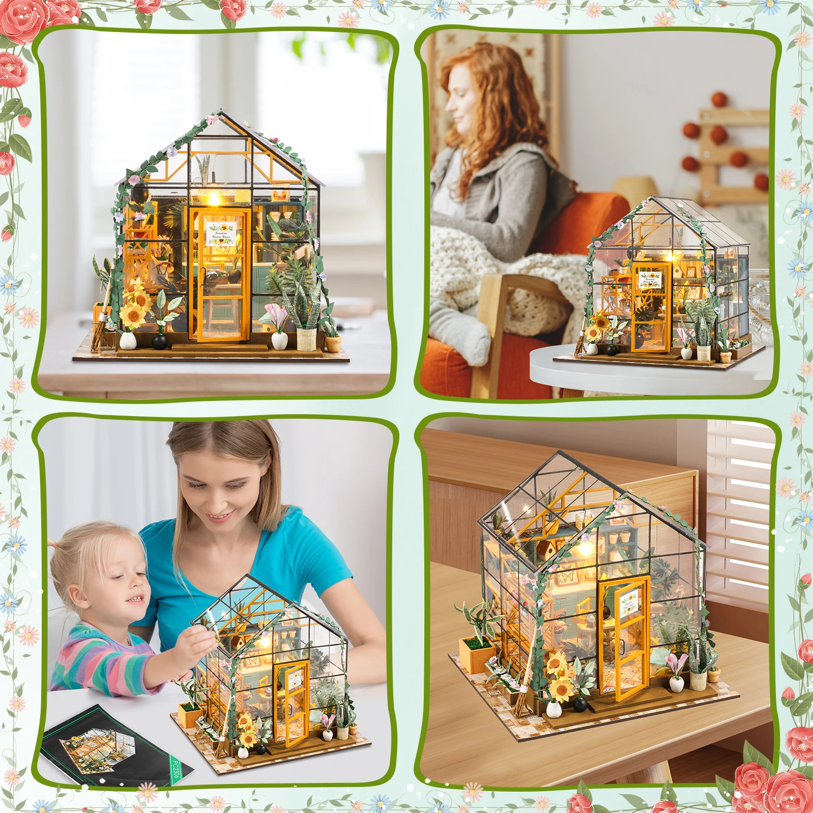 Kit casa da giardino in miniatura fai-da-te con mobili e luce a LED Set artigianale per casa delle bambole fai-da-te Regali Kit di costruzione di modelli in serra in legno