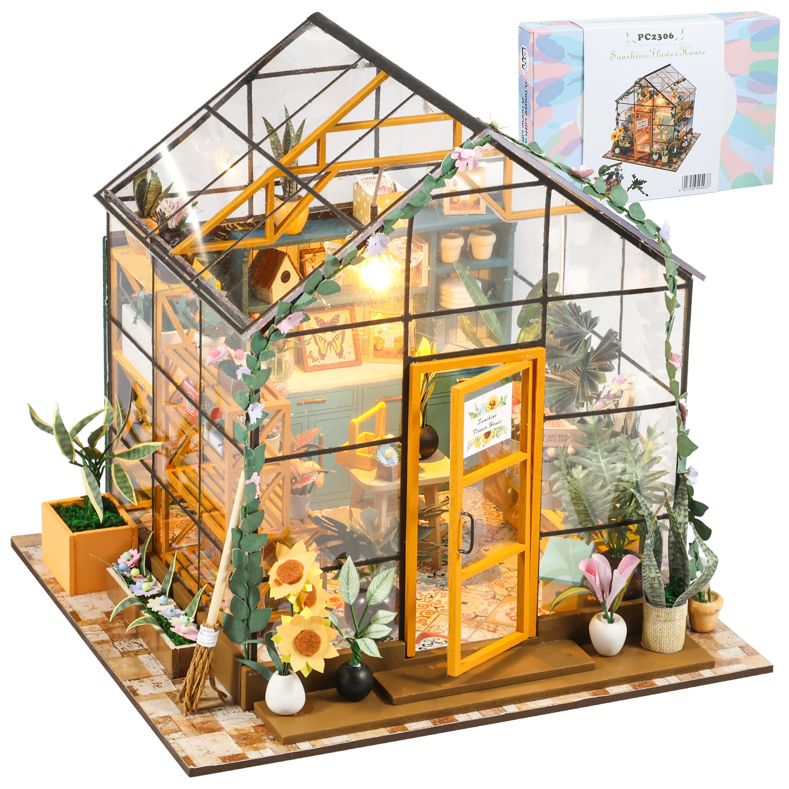 Kit casa da giardino in miniatura fai-da-te con mobili e luce a LED Set artigianale per casa delle bambole fai-da-te Regali Kit di costruzione di modelli in serra in legno
