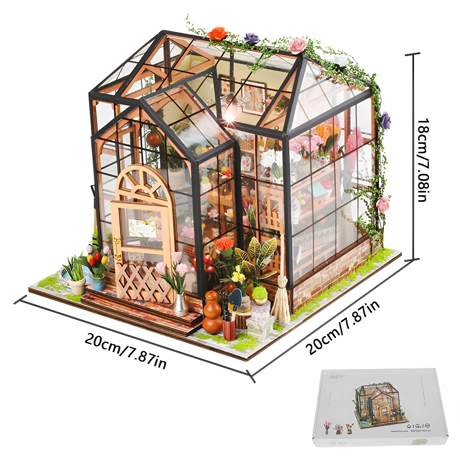 Kit casa da giardino in miniatura fai-da-te con mobili e luce a LED Set artigianale per casa delle bambole fai-da-te Regali Kit di costruzione di modelli in serra in legno