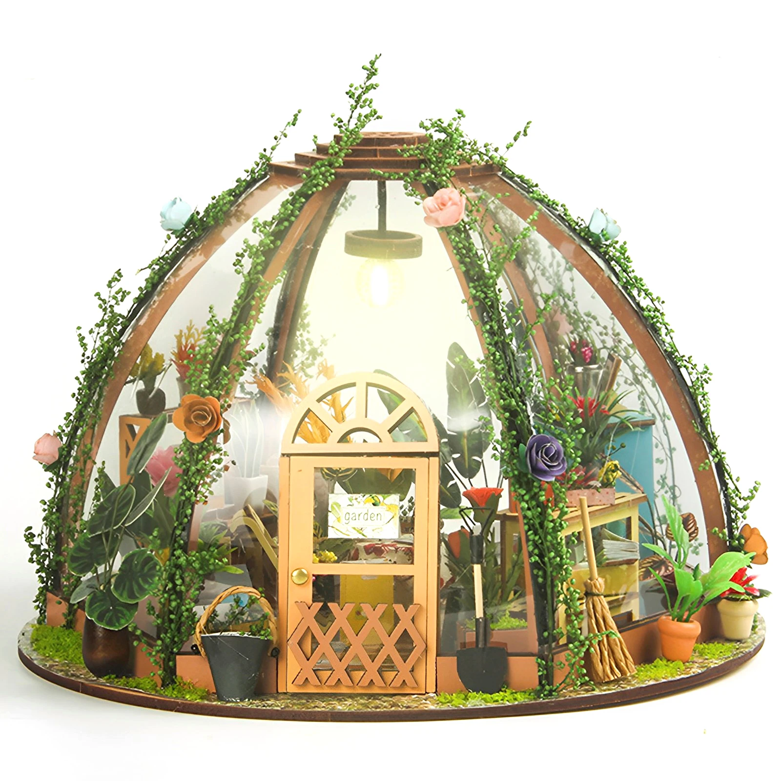Kit casa da giardino in miniatura fai-da-te con mobili e luce a LED Set artigianale per casa delle bambole fai-da-te Regali Kit di costruzione di modelli in serra in legno