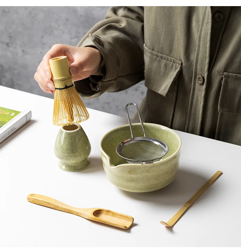 4/5/6PCS Set Matcha Frusta di Bambù Cucchiaino Ciotola di Ceramica Set da Tè Tradizionale Casa Strumenti per la Preparazione del Tè Accessori Regali di Compleanno