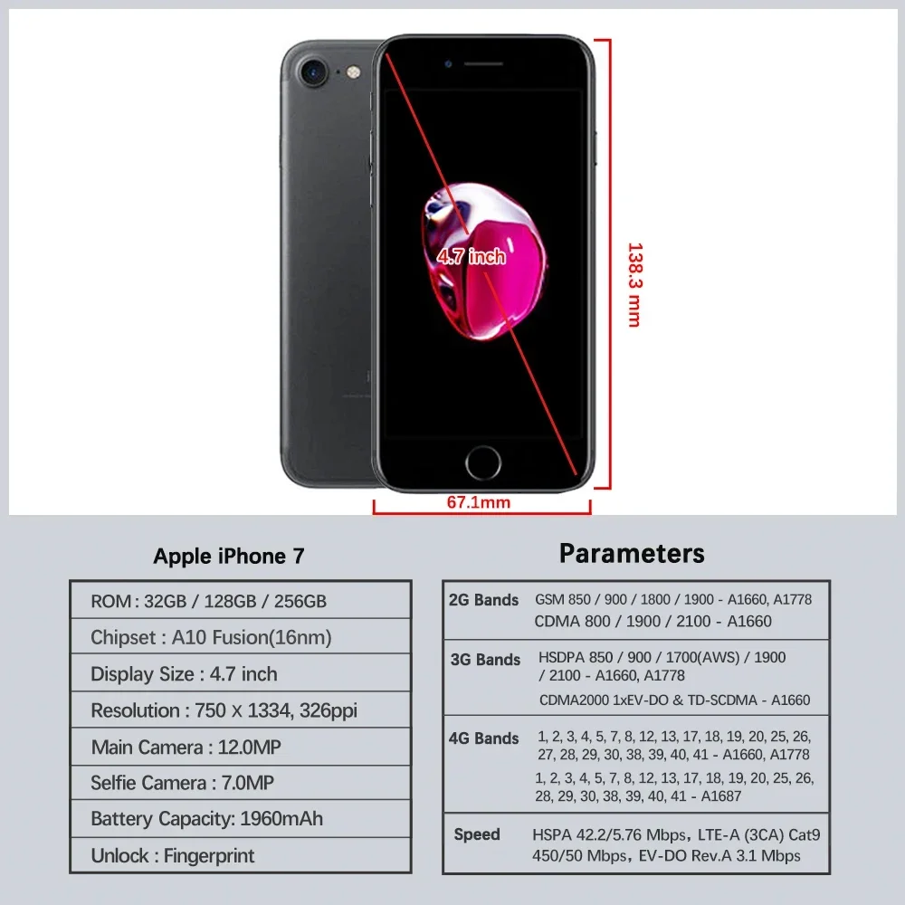 Originale Apple iPhone 7 32 GB/128 GB/256 GB ROM 4G LTE Cellulare 4.7 '' Impronte digitali Touch ID Smartphone Sbloccato 90% Nuovo