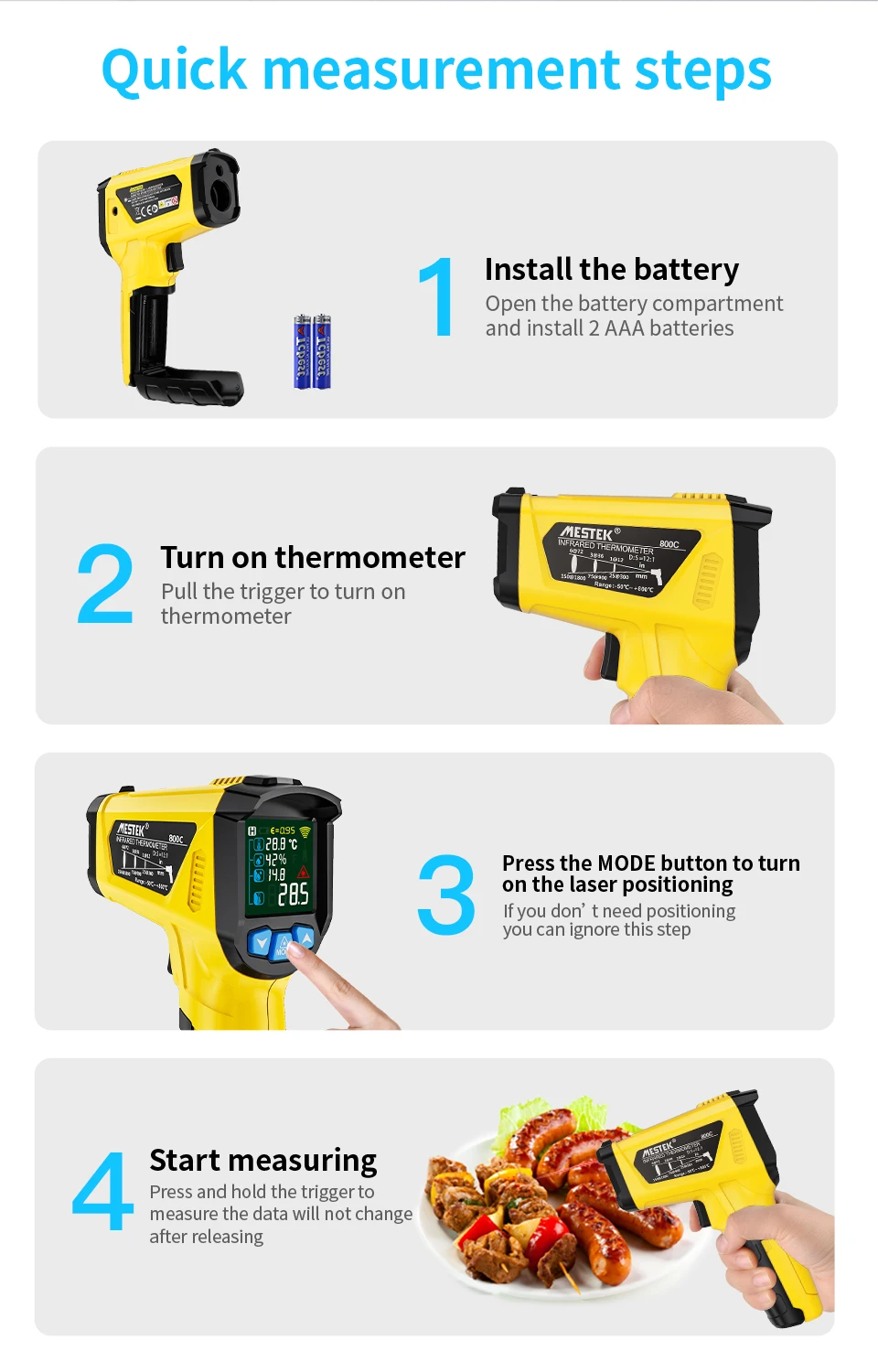 Mestek -50-800 ℃   Termometro digitale a infrarossi Schermo LCD a colori Misuratore di temperatura Retroilluminazione Allarme Termometro a maniglia Pirometro