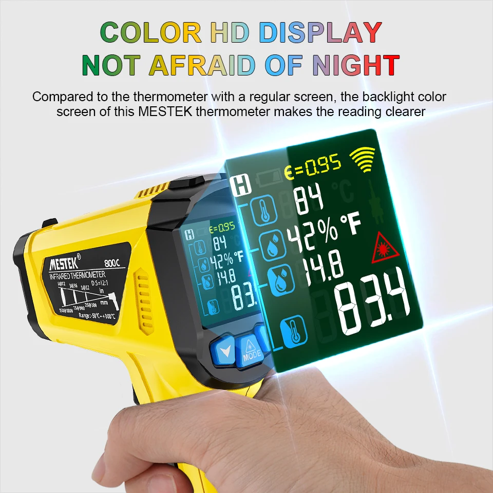 Mestek -50-800 ℃   Termometro digitale a infrarossi Schermo LCD a colori Misuratore di temperatura Retroilluminazione Allarme Termometro a maniglia Pirometro