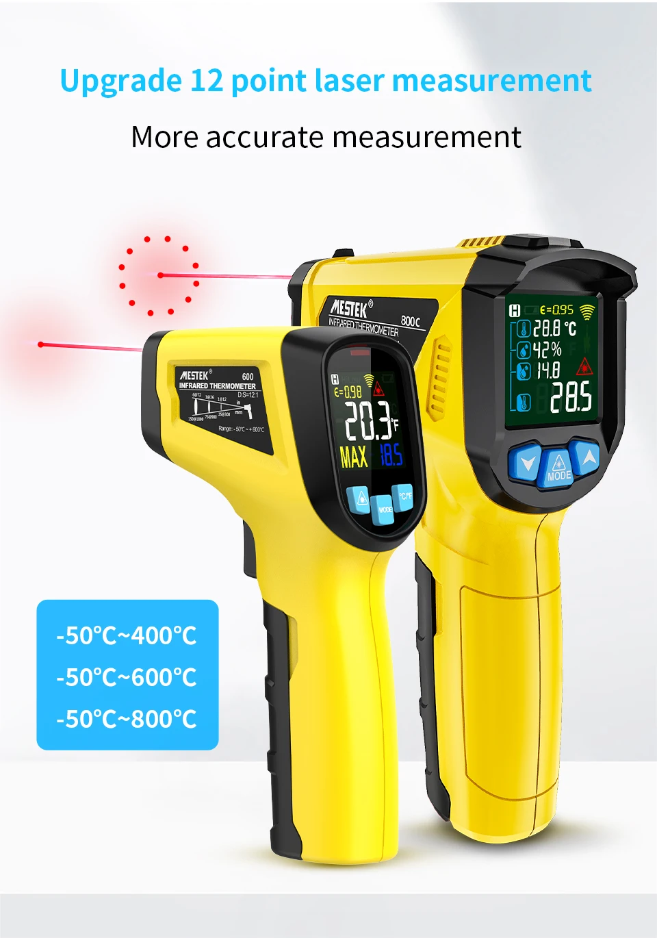 Mestek -50-800 ℃   Termometro digitale a infrarossi Schermo LCD a colori Misuratore di temperatura Retroilluminazione Allarme Termometro a maniglia Pirometro