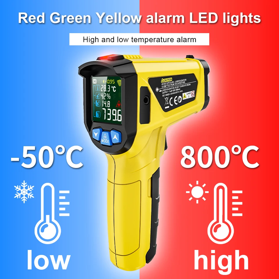 Mestek -50-800 ℃   Termometro digitale a infrarossi Schermo LCD a colori Misuratore di temperatura Retroilluminazione Allarme Termometro a maniglia Pirometro