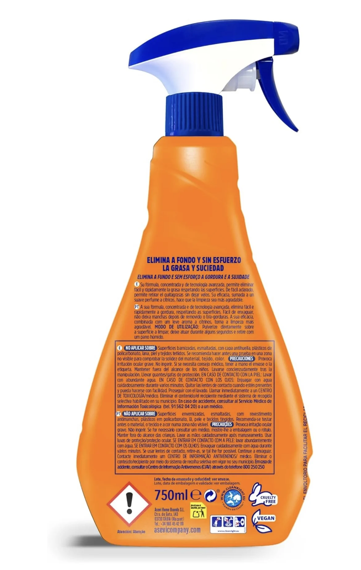 ASEVI- Levapore di grasso disinfettante 750 ml - Potente detergente e disinfettante per la rimozione del grasso per cucina e indumenti, elimina il 99,9% dei germi, senza vapori, sapore di agrumi