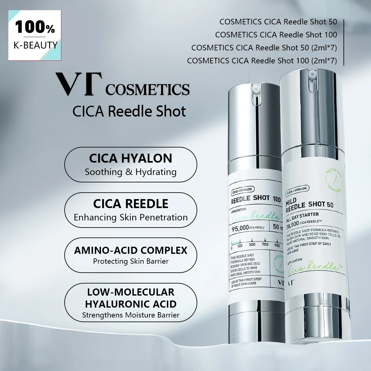 VT COSMETICS CICA Reedle Shot, Opzioni Multi-Misura, Texture Essenziale, Centella Asiatica, Idratazione Intensa, K-Beauty, Trucco Coreano